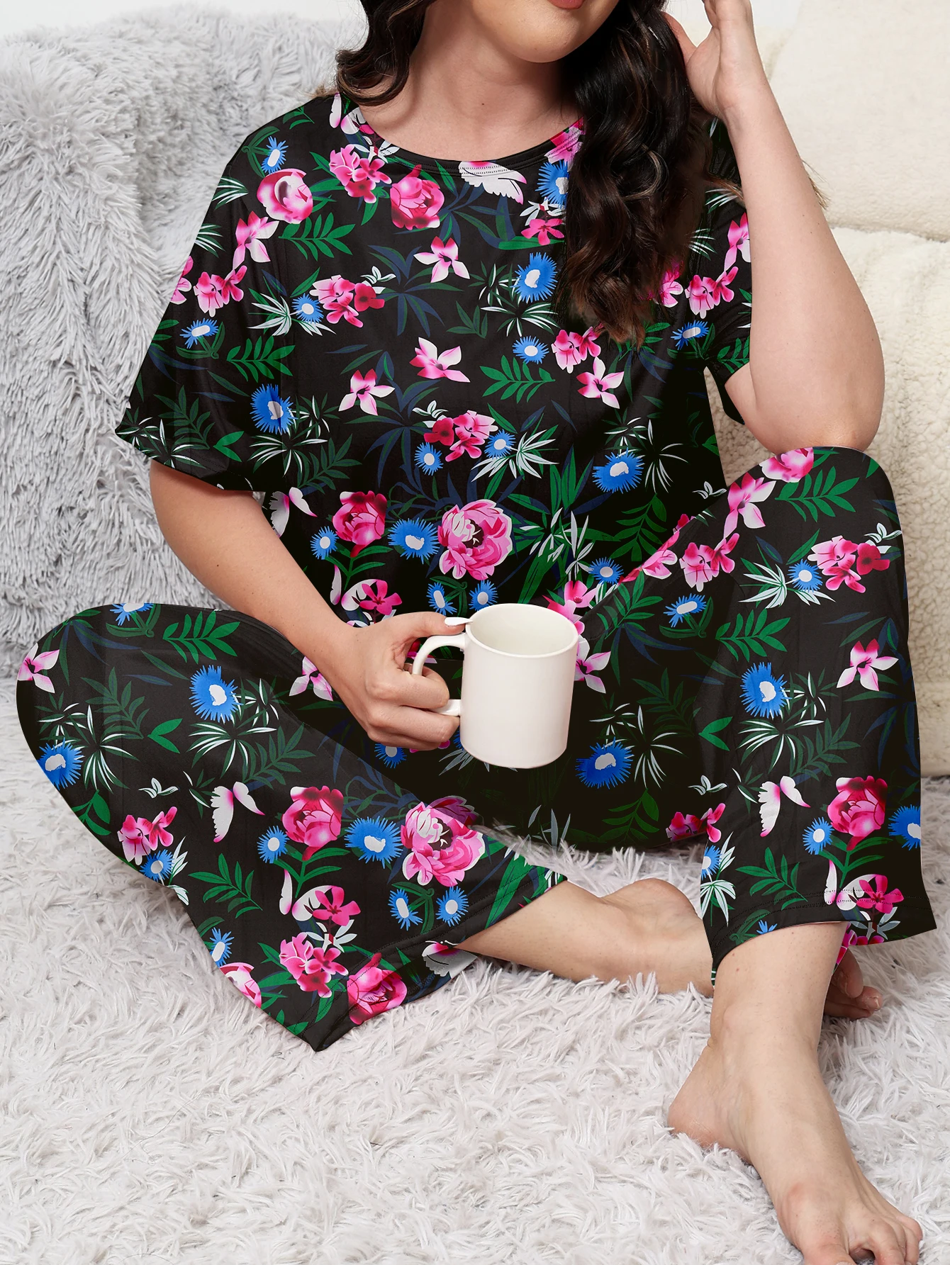 Plus size pajama clothing, plus size home clothing set, plus size short sleeved long pants set, can be worn with milk silk mater