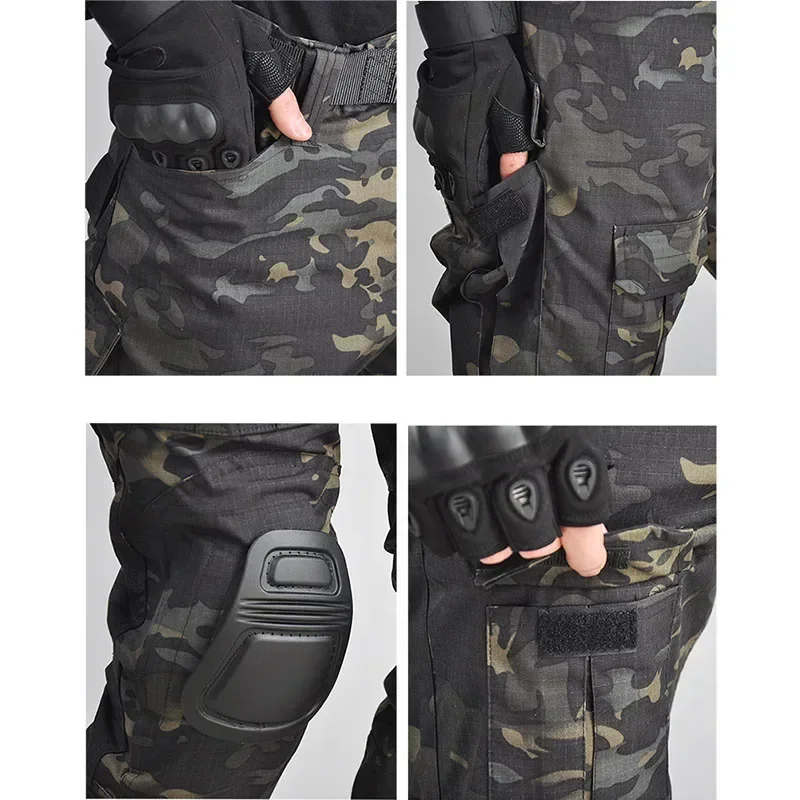 MCBK Training Sets Mens 1/4 Zipper Combat Shirts Cargo Pants Men Wear-resisting Camo Tactical Suit Multiple Pockets Quick Drying 6