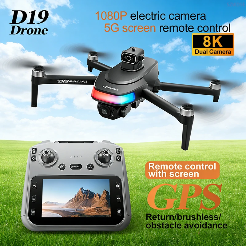 Drone GPS D19 8K déplié avec double caméra et moteur sans balais sur fond blanc