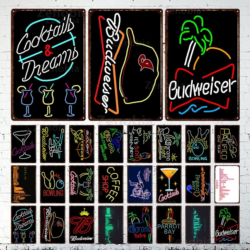 Cocktail Birra Bowling Piastra Metallica Wall Art Vintage Black Neon Sign Placca Shabby Bar Cafe Decorazione Della Casa Poster Di Latta Parrot Bay
