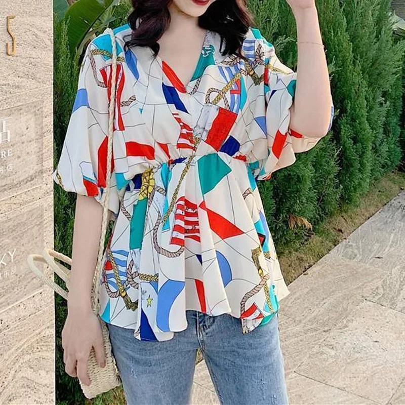 여성 브이넥 컬러 블록 웨이스트 랩 반팔 셔츠, 코디하기 쉬운 오버사이즈 셔츠, 스타일리시 분위기 있는 통근복, 2024 여름