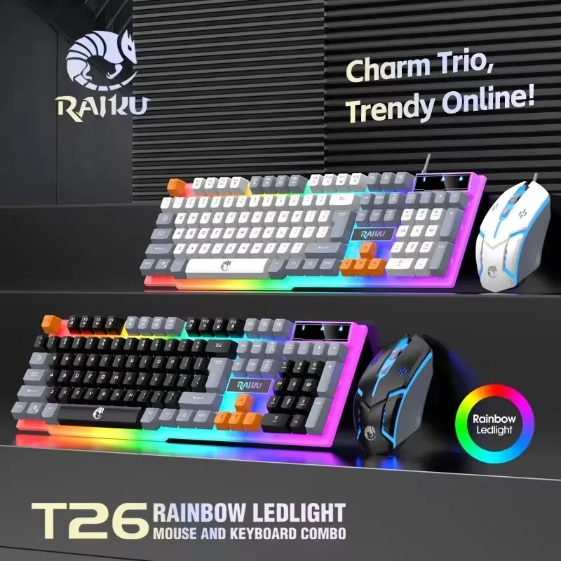 RAIKU T26 Wired 104 Keys Membrane Keyboard And Mouse Suit Colorful Lighting Gaming Office For Windows and IOS keyboard and mouse set wired keyboard and mouse set