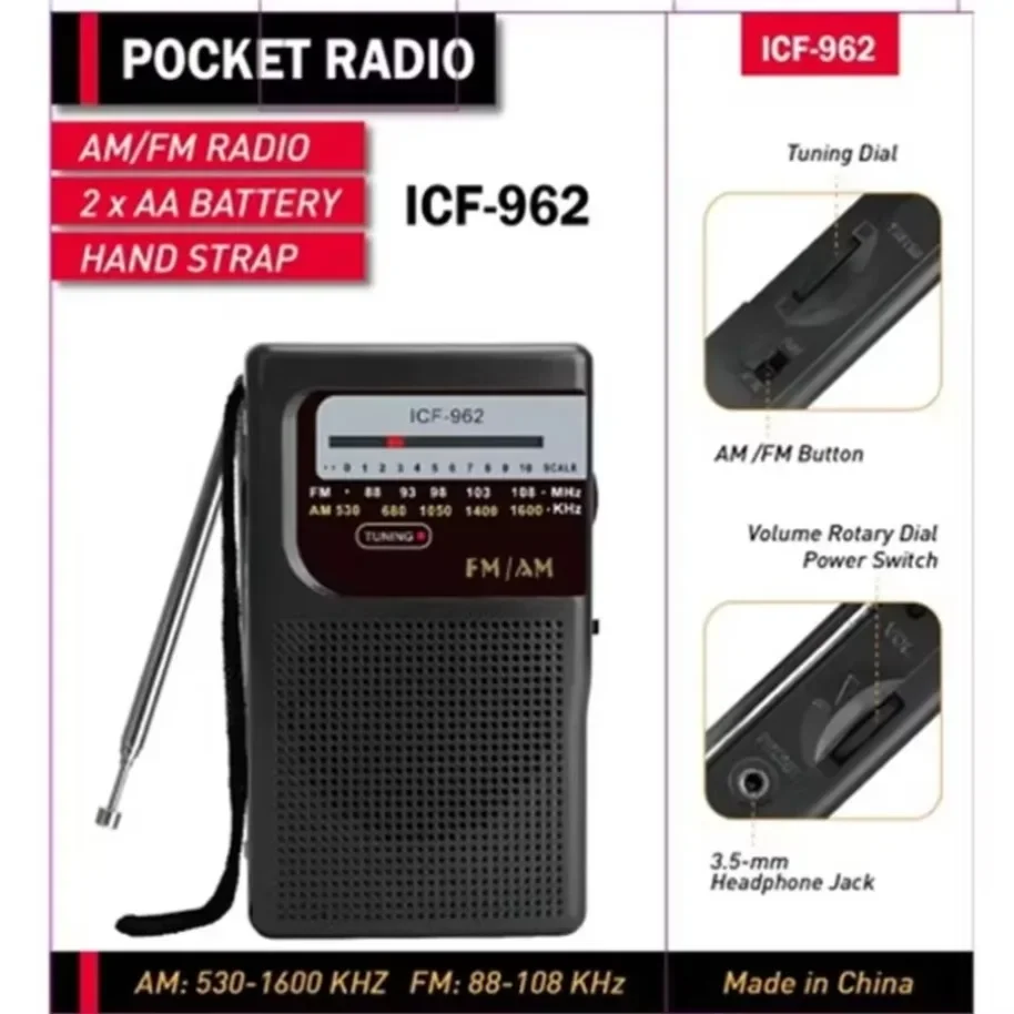 ICF-962 AM/FM Outdoor Radio Stereo Radio Pocket Pointer Radio 2 x AA Battery Operated for Indoor Outdoor Camping Emergency Us