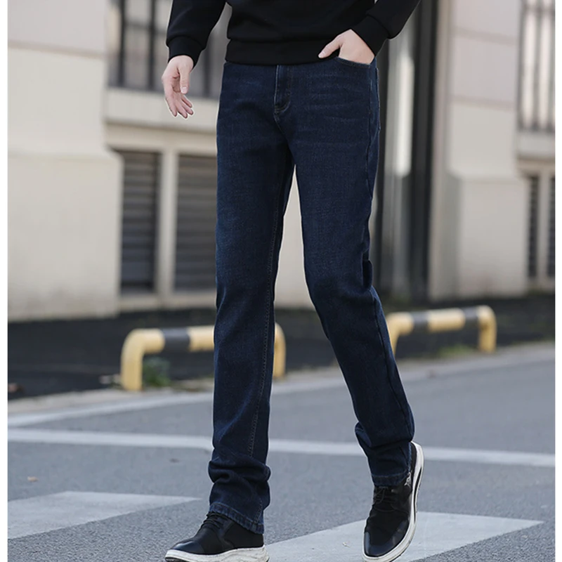Fleece Jeans For Men Winter Black Denim Tall 117CM Extra Long Plus Size 44 42 Slim Warm Straight Stretched Pants Large Trousers