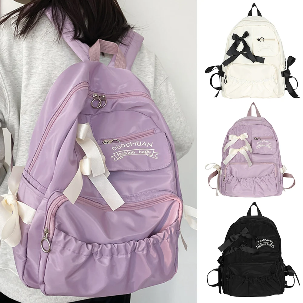 College Style Cute Contrasting Color Bow Pleated Personality Student Backpack For Women's Solid Color Large-capacity Backpacks 6