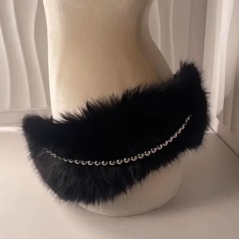 Vintage Y2K Faux Fur Punk Waistband with Metal Bead Chain