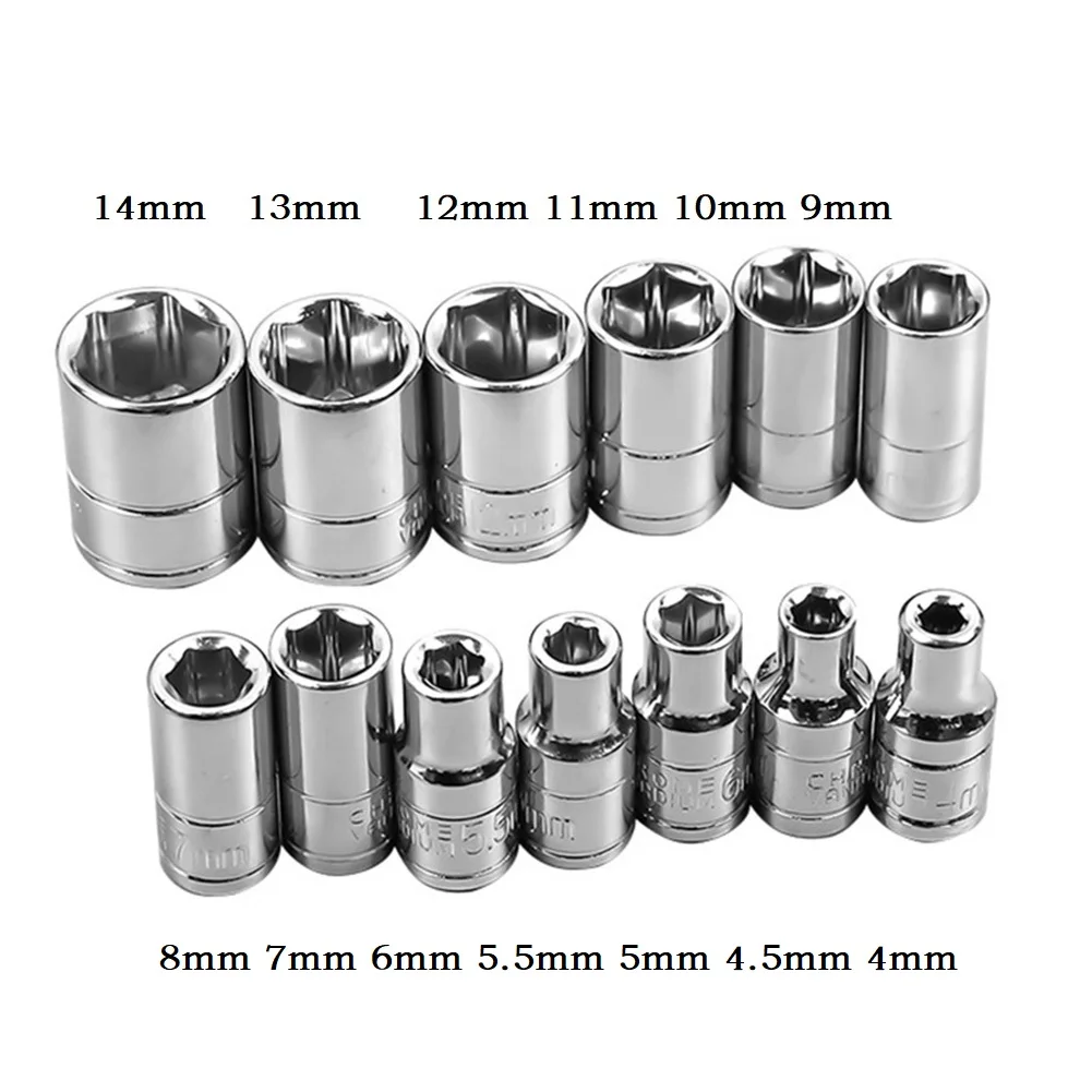 

13pcs 1/4" Drive Hex Socket Adapter 4-14mm Deep Socket Adapter Hexagon Spanner Head Wrench Head Bit Sleeve Nut Removing Tool