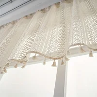 Beige Circular Patterned Hanging Tassel Short Curtain, Lace Short Curtain, Living Room, Bedroom, Kitchen Cabinet Cover Curtain 3