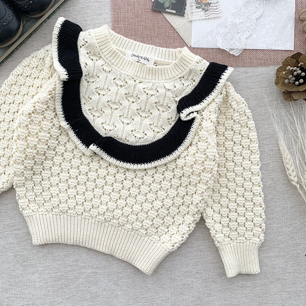 

deer jonmi 2022 Autumn Toddlers Girls Knitted Pullovers Sweaters Korean Style Ruffles Hollow Out Baby Kids Sweater