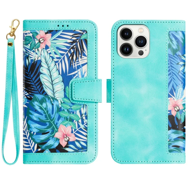 Embossed Flower Leather Wallet Phone Case with Wrist Strap and Card Holder