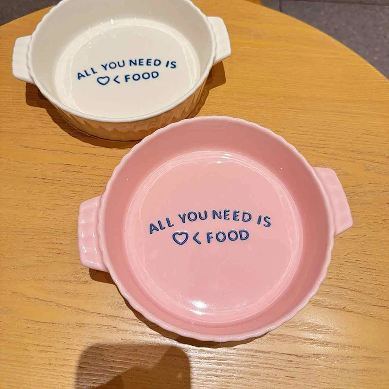 Cute Pink Binaural Ceramic Baking Tray Letter Printed Baked Rice Bowl Home Oven Tableware Bread Tray