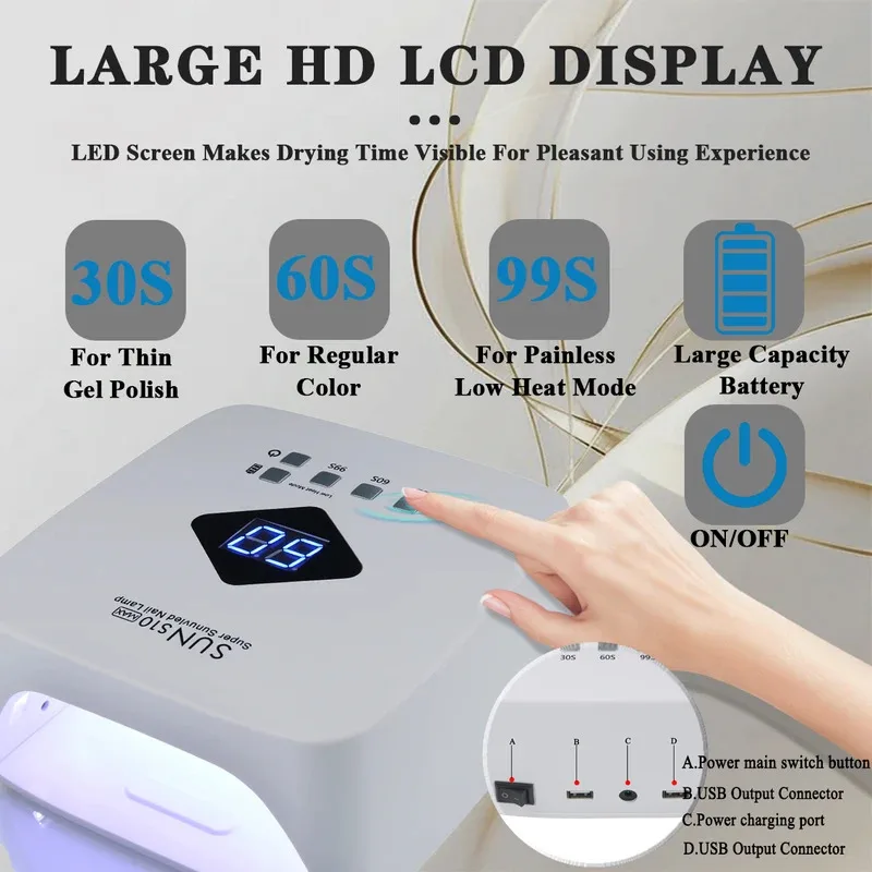 New Rechargable UV LED Nail Lamp Dryer With Display Smart Nail Drying Lamp for Fast Dry Curing All Gel Nail Polish M