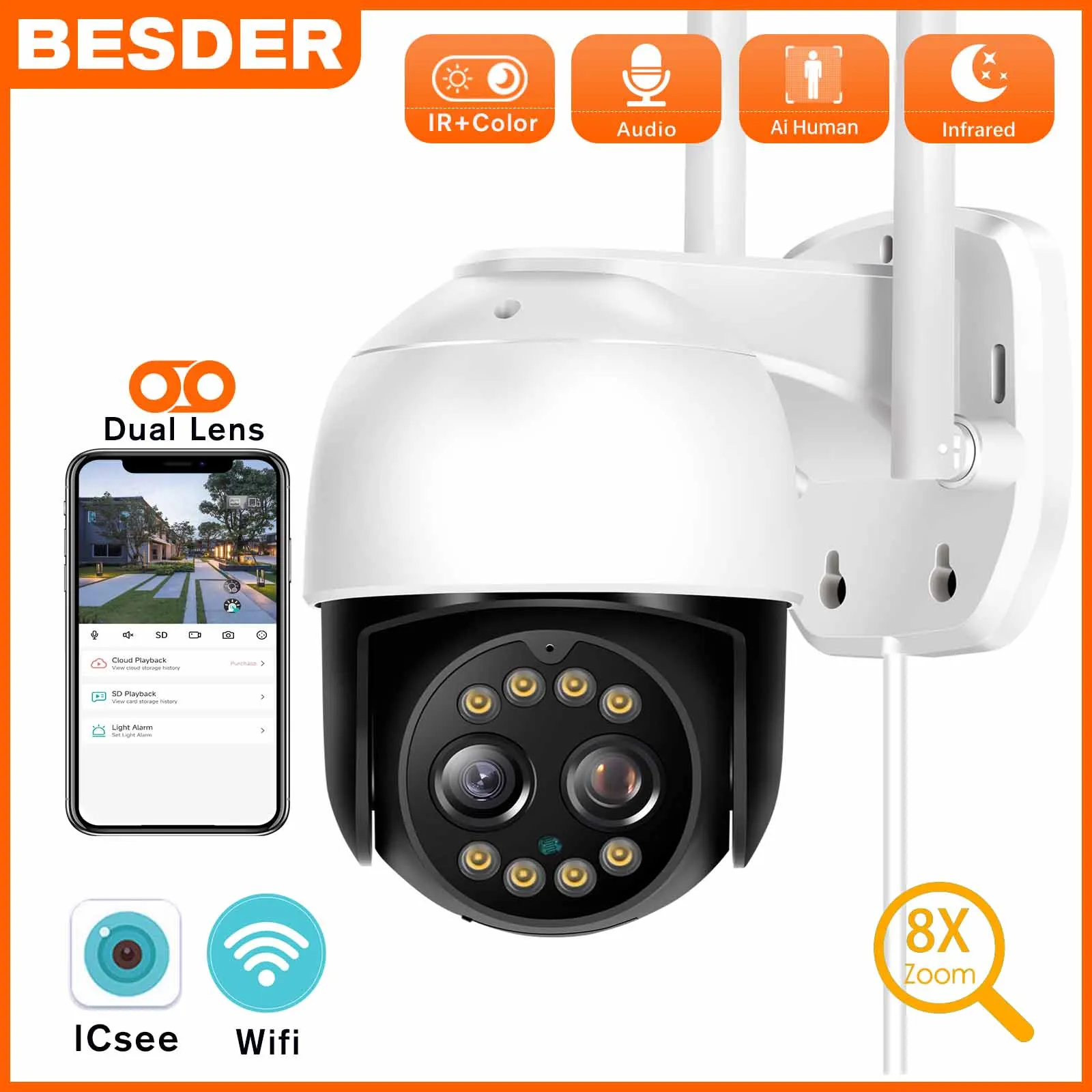 8MP 4K PTZ WIFI IP Camera Outdoor Security Cam 8X Zoom Dual Lens Wireless Video Surveillance CCTV Cameras P2P Work With ICsee