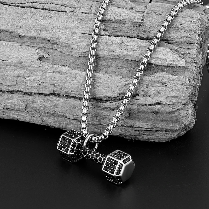 Stainless steel Dumbbell Pendant European American Trendy Women's Men Full Rhinestone Necklace Sports And Fitness Sweater Chain 4