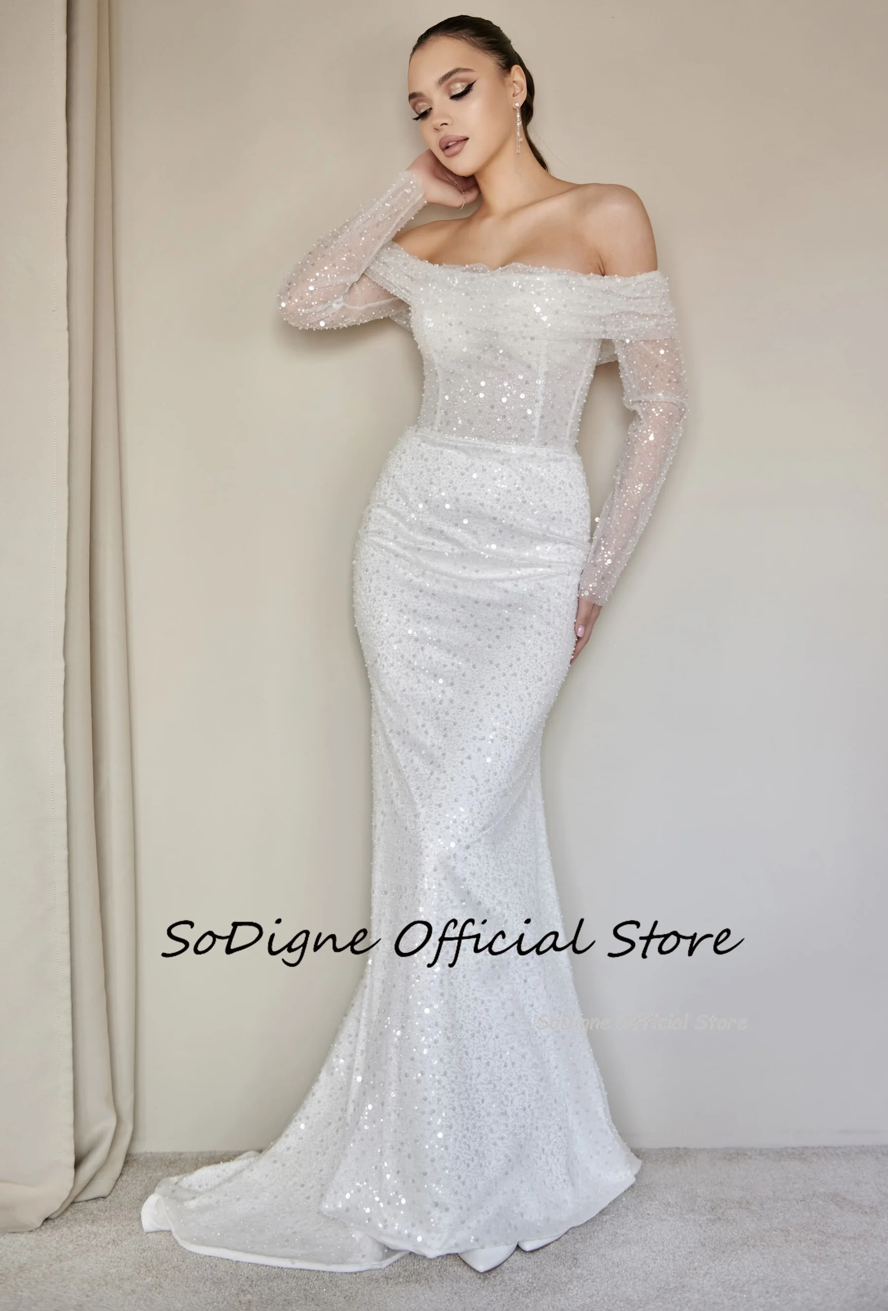 SoDigne Mermaid Glitter Wedding Dresses Off Shoulder Long Sleeves Sequined Bridal Dress Wedding Gown Robe De Mairee Customized 15 S4a4964c90a53426f8bee8acdec12d7d5S