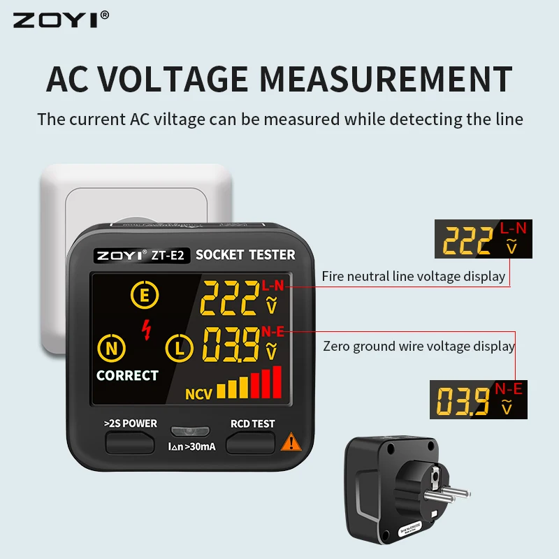 ZOYI Digital Socket Tester Smart Voltage Detector RCD GFCI NCV Test Large display Outlet checker EU US UK Plug Ground Zero Line 5
