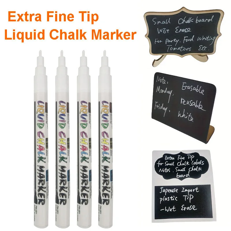 4 Pack Extra Fine Tip White Liquid Chalk Markers - Dry/wet Erase Marker Pen for Small Blackboard, Calendars,Chalkboards, Window