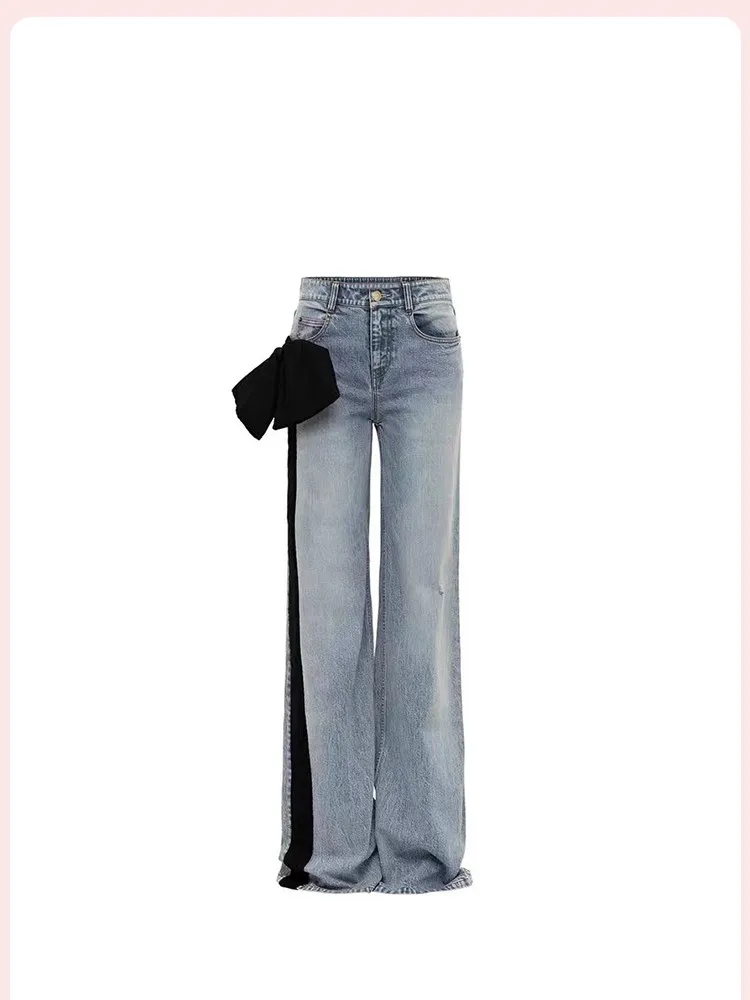 WHITNEY WANG Designer Style 2025 Spring Fashion Streetwear Color Contrast Side Bow Jeans Women Denim Pants Plus Size S- 5XL 3