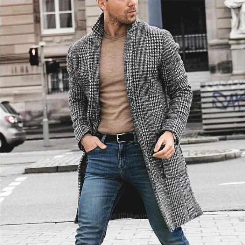 

2024 Autumn Winter Luxury Tweed Coat Men Long Sleeve Trench Plaid Vintage Slim Mid-length Windbreaker Brands Outerwear