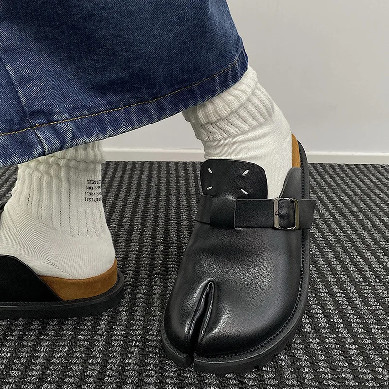 Men Split Toe Slippers Cow Leather Tabi Ninja Slip Flats
