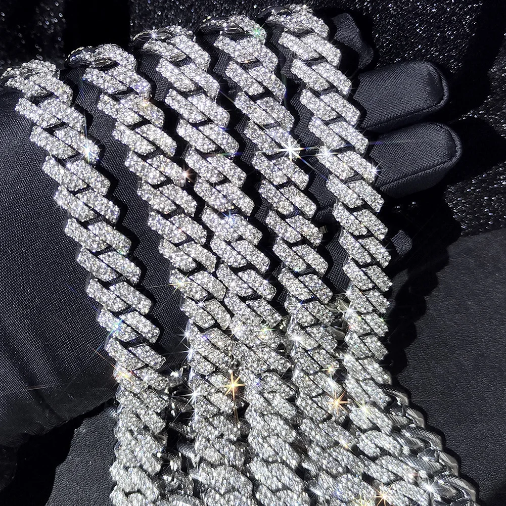 14mm Iced Out  Prong Cuban Link Chain Necklace for Men Women 2 Row Rhinestone Paved Miami Rhombus Hip Hop Jewelry Wholesale
