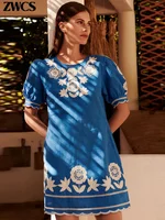 فستان نسائي قصير بأكمام منفوخة كلاسيكي ، تطريز ، ياقة دائرية ، أكمام قصيرة ، حافة مموجة ، فساتين نسائية ، سيدة ، صيف ، جديد ، 1