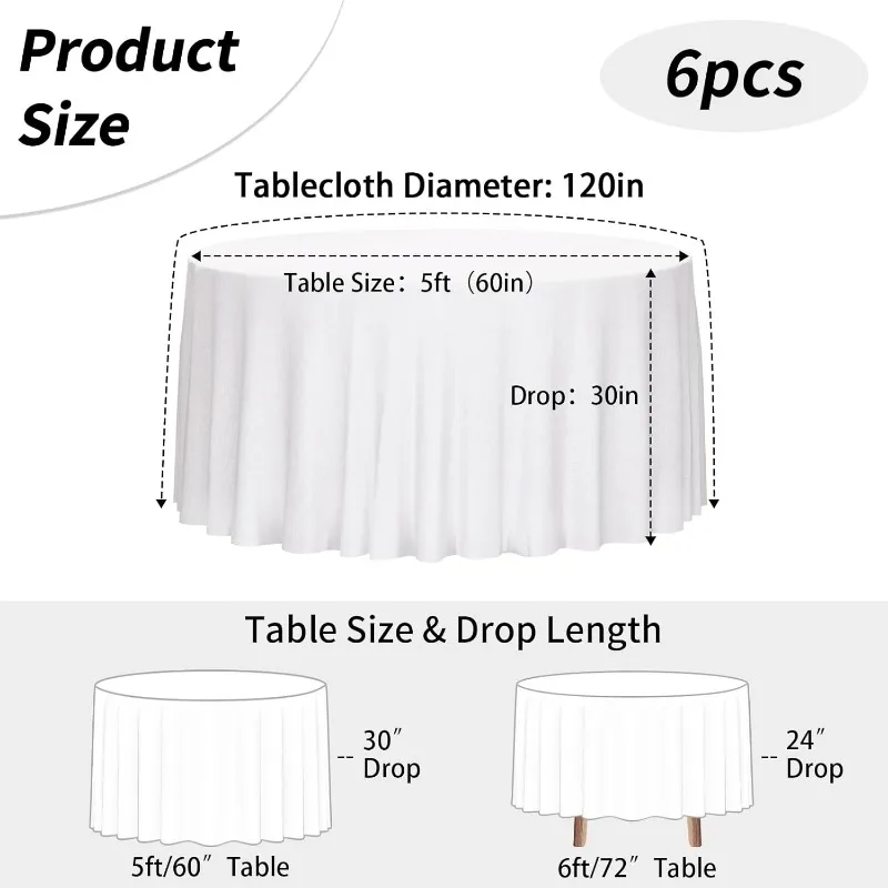 120 Inch White Round Tablecloth, 6 Pack Round Table Cloth Polyester Fabric Washable Table Covers for Wedding