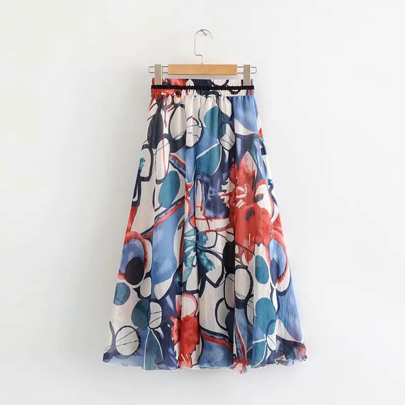 Women Summer Skirt Vintage Floral Skirts Boho A-Line Ladies Stretch High Waist Skirt Femme Faldas Jupe Saia black leather skirt