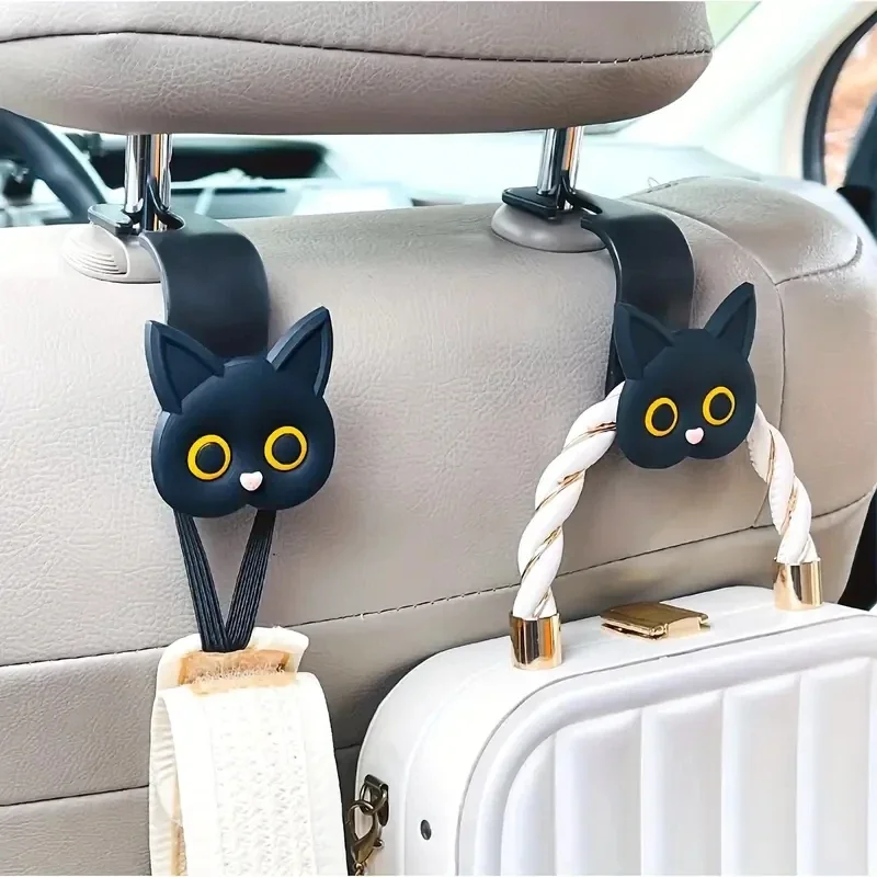 2-Piece 3D Cute Cat Car Headrest Hooks - Universal No-Scratch Hanger for Purses & Coats, Backseat Organization Accessory