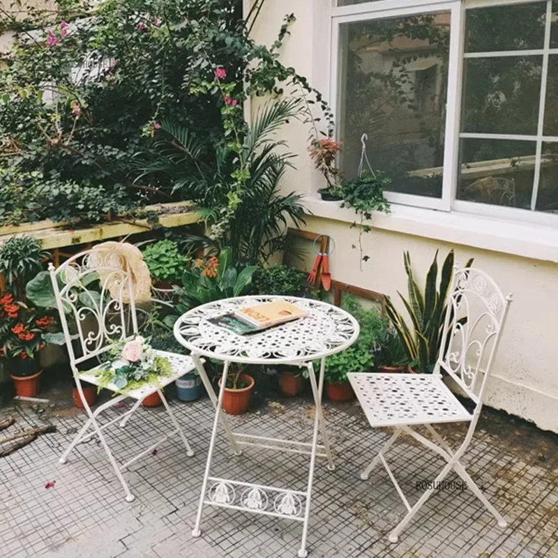 Retro Decoration Garden Furniture Sets for Balcony Folding Hollow Combination Chairs European Metal Patio Furniture for Camping
