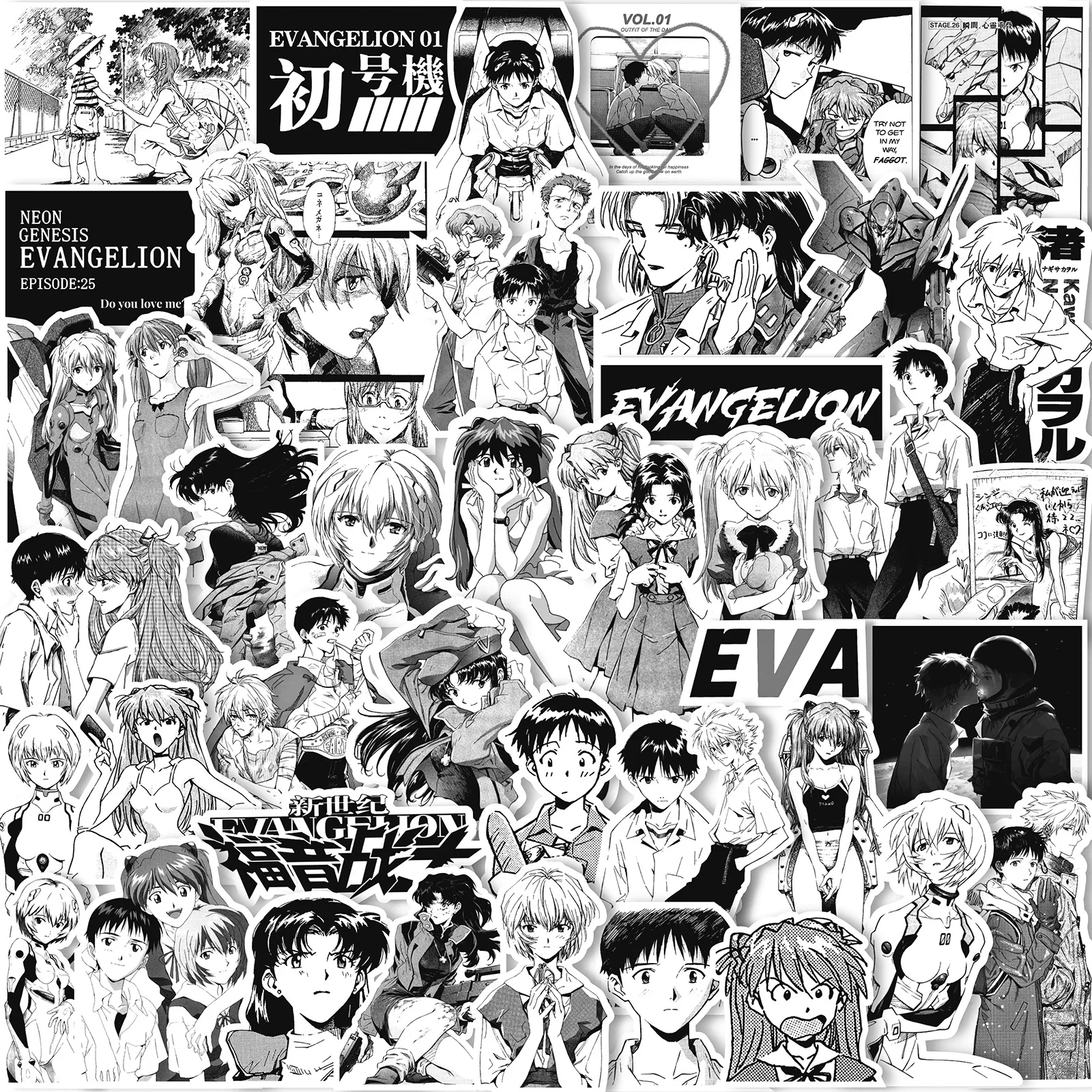 

70 шт. Neon Genesis Evangelion EVA черно-белая манга Мультяшные ноутбуки наклейка для бутылок с водой украшение