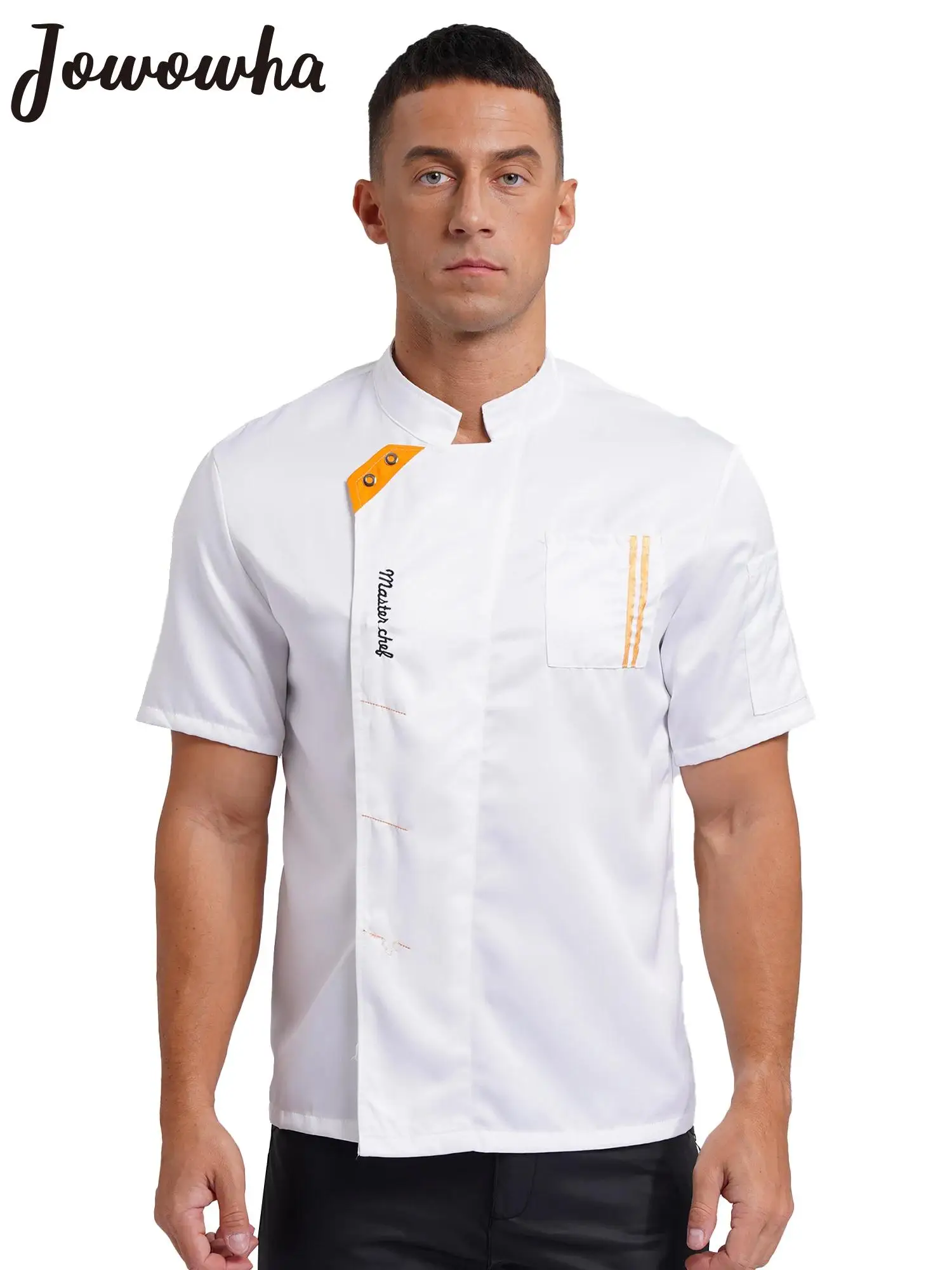 

Mens Womens Chef Jacket Short Sleeve Letter Embroidery Kitchen Uniform Cook Coat Tops Baker Waiter Work Restaurant Hotel Clothes