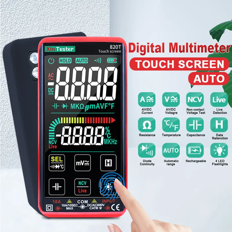 

Xin Tester Touch Screen Multimeter True RMS Meter Auto Range DC/AC Tester Rechargeable NCV Digital Voltmeter Ammeter