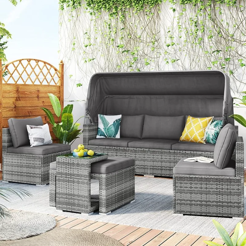 BIADNBZ 5 Pieces Patio Furniture Set Outdoor PE Wicker Rattan Sectional Sofa Daybed Sunbed with Canopy and Tempered Glass Sid