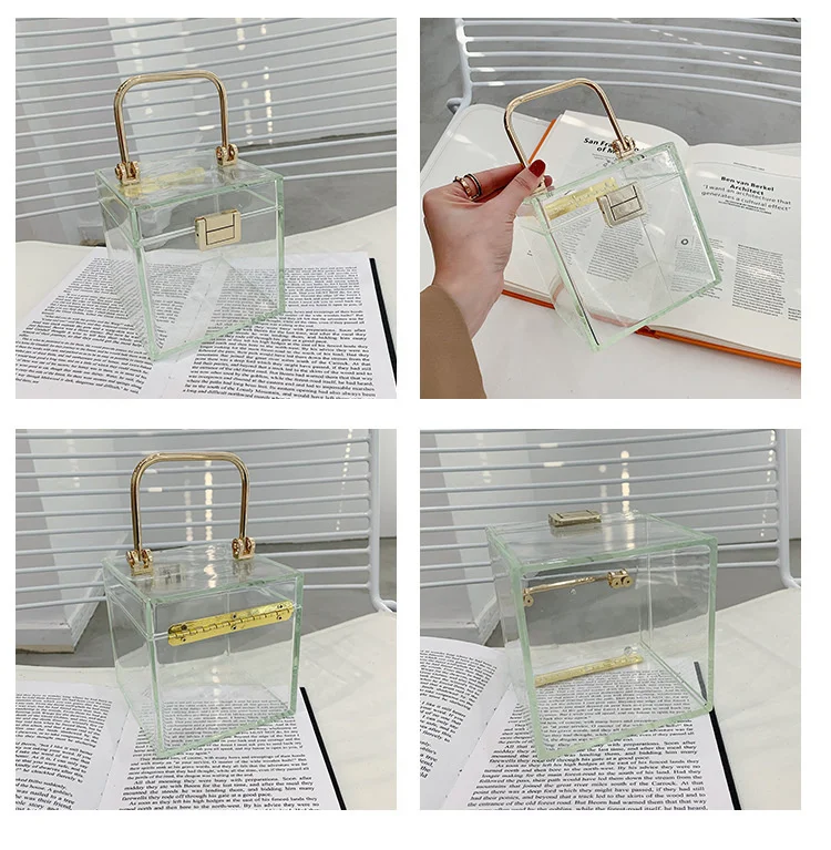 Clear Acrylic Hand Bags For Women Metal Handle Lock Square Box