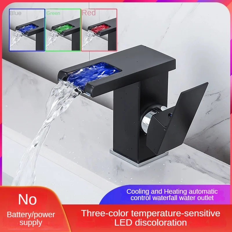 

Luxury LED Black Basin Faucet Tall And Short Tap Bathroom Single Handle Cold and Hot Water Flow Produces Electricity