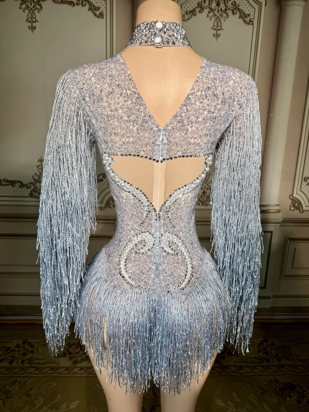 Women Rhinestones Bodysuit Long Sleeve Fringes Sexy Mesh Performance Dance Costume Nightclub Singer Dancer