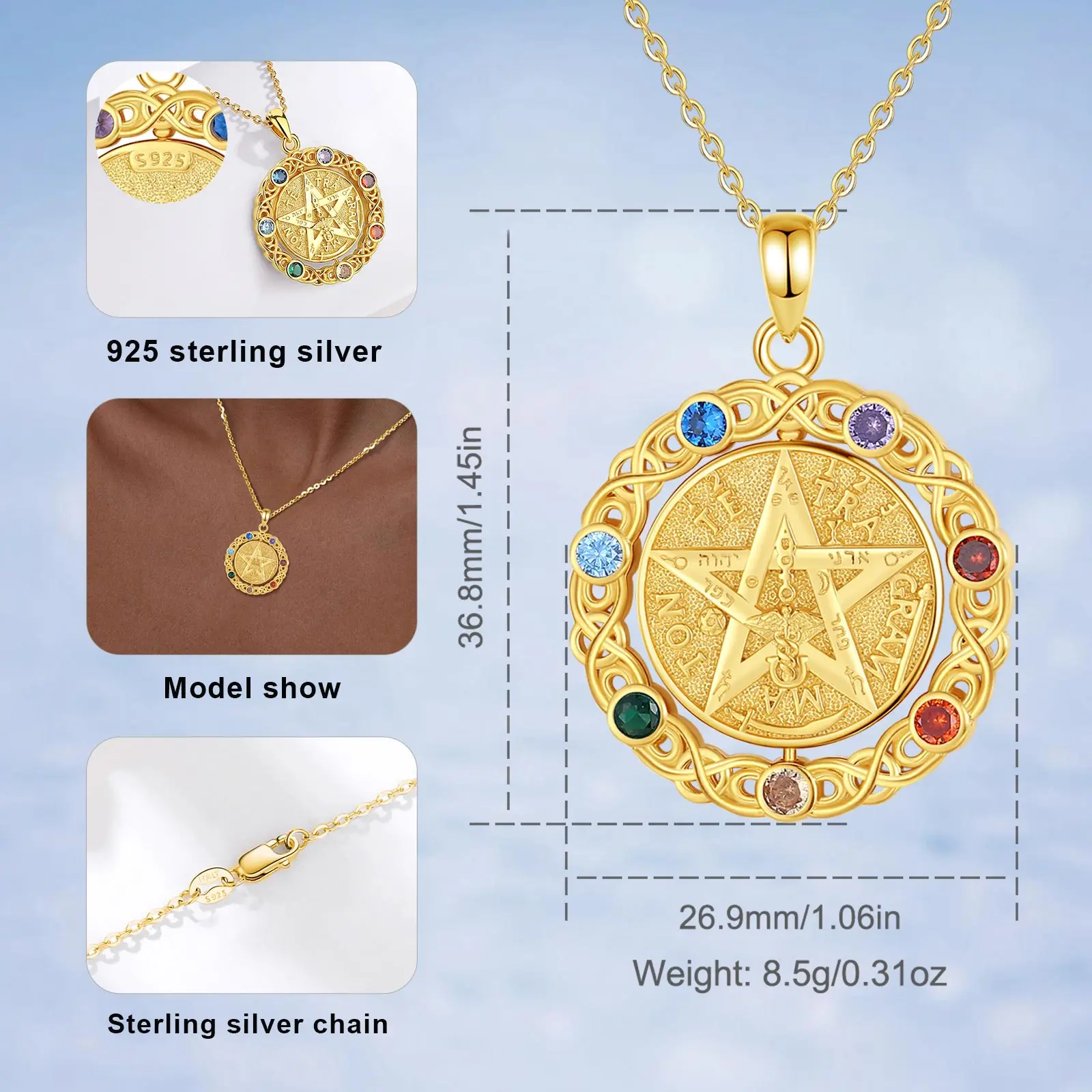 925 Sterling Silver Pentagram Pendant Necklace 18K Gold 7 Color Chakra Star Tetragrammaton For Women Man witchcraft Gift