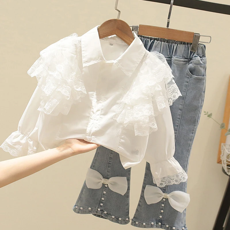 

Girls Suits Spring Autumn Children Girls Clothes Floral Lace Stitching Top + Denim Flared Pants Baby Kids Girls Clothing Set