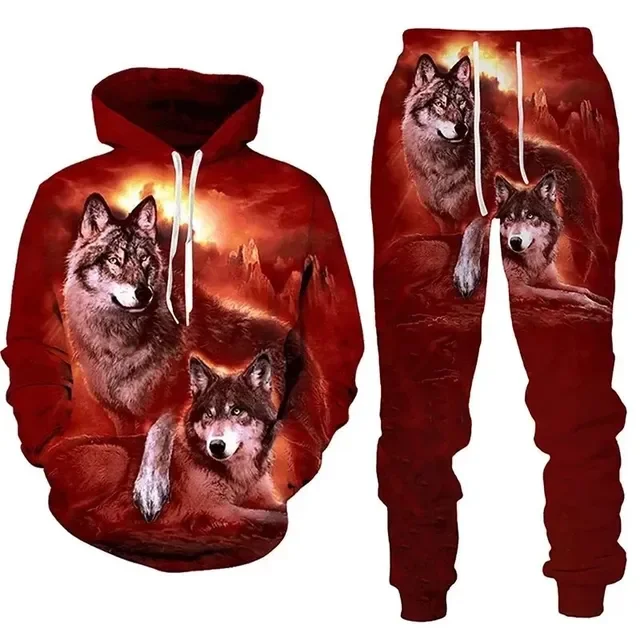Autumn Men Animal Wolf Hoodie Printed Male Autumn Casual Sweatshirt Sweatpants Pullover Men Tracksuit Set Men's Clothing Suit 4