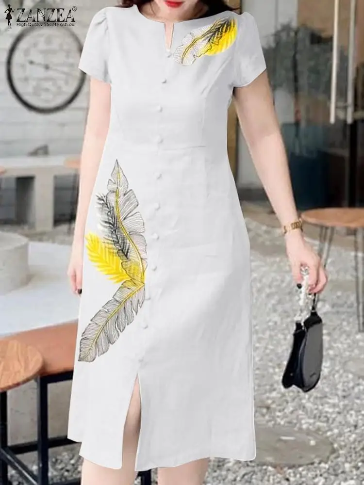 

Fashion Holiday Single Breast Vestidos ZANZEA Women Leaves Printed Midi Dress 2024 Summer Short Sleeve Robe Korean Sundress Femm