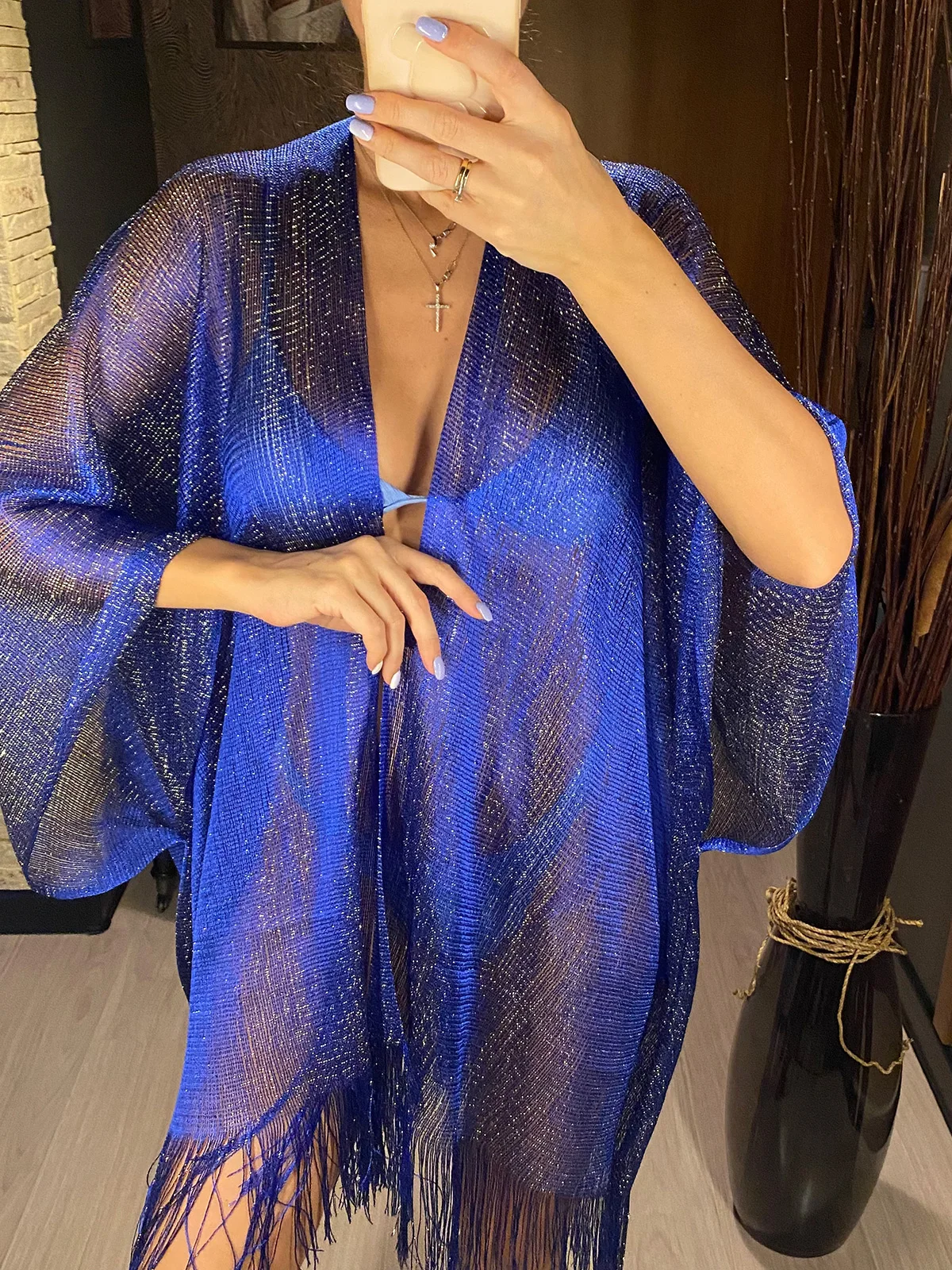 Women Fringe Tassel Mesh Sheer Shiny Knitted Tunic Beach Cover Up
