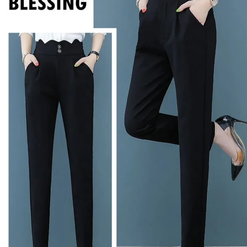 Oversized Women's Cropped Pants 2023New Spring Summer Fashion Casual Solid Button Zipper Pockets Vintage Elegant Pencil Trousers streetwear fashion women skinny pencil jeans korean clothing cropped pants spring summer high waist all match casual trousers