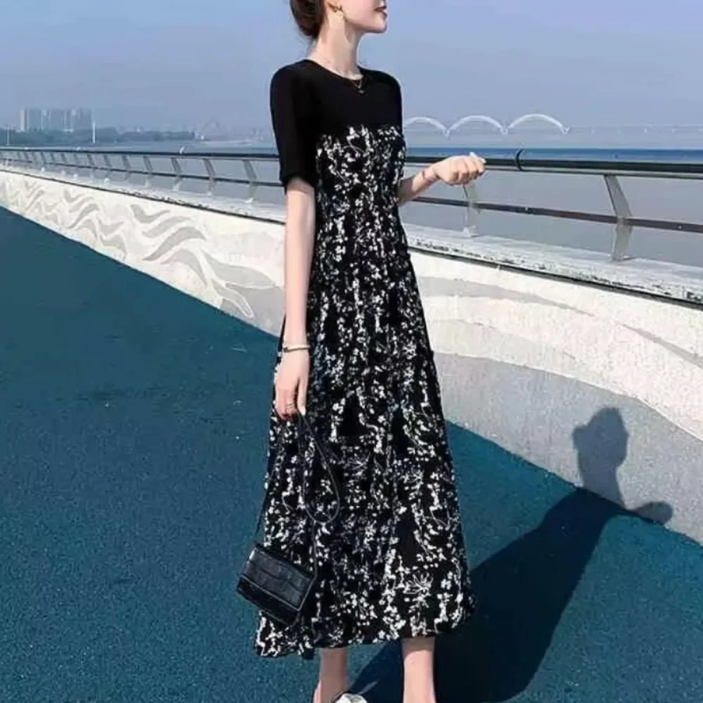 New Summer Korean Version Elegant and Loose Floral Dress Short Sleeved Printed Patchwork Bandage for Women's Long Dress 원피스