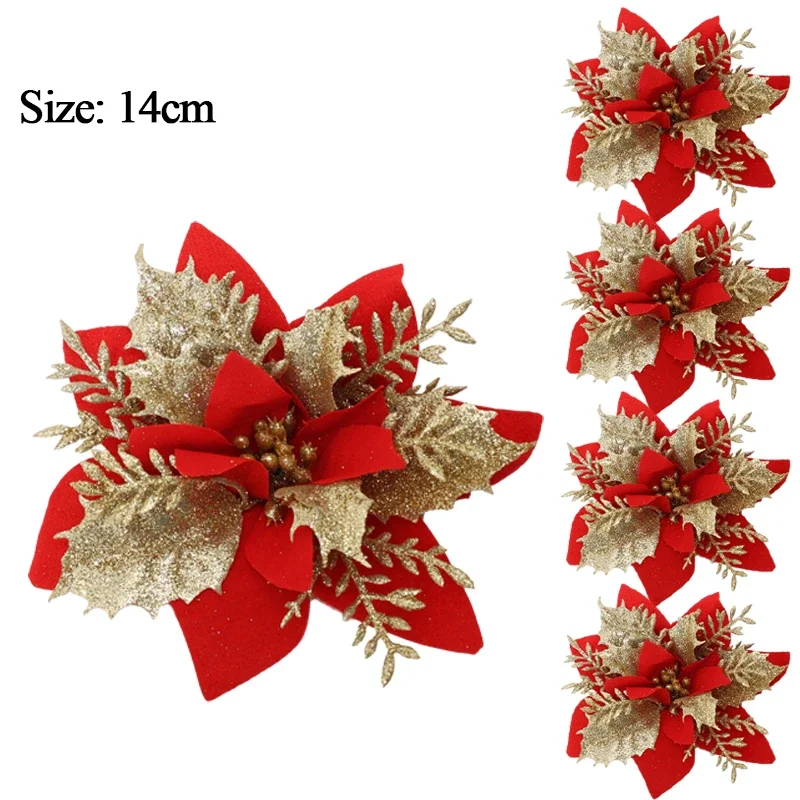 thumbnail image 1 of 10/1 pieza de flores artificiales con purpurina navideña, adornos colgantes para árbol de Navidad, flores falsas para decoración de fiestas de Navidad y Año Nuevo, 1 of 5