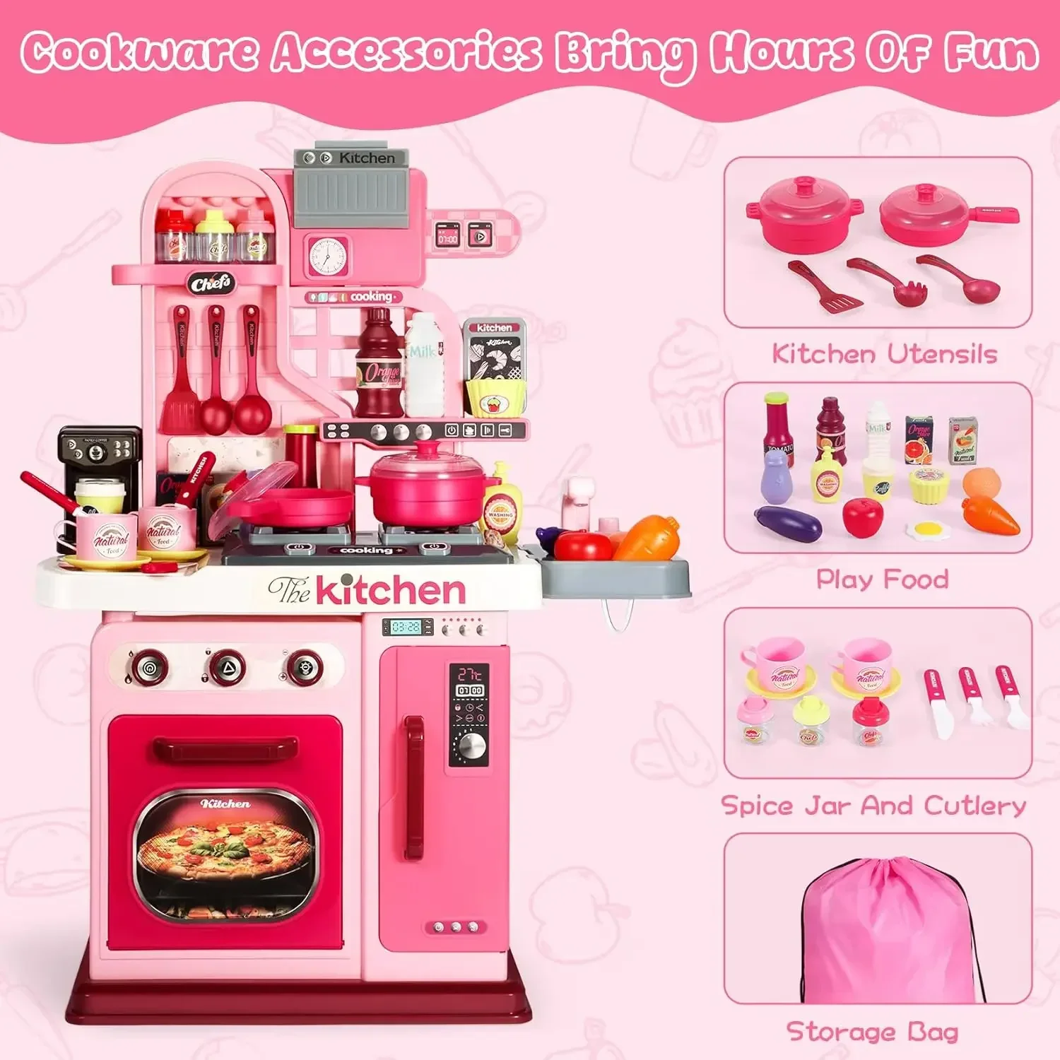 Kitchen Toys Pretend Kitchen Toys Kitchen Sink Toys Kids Kitchen Playset Kitchen Set for Toddlers 1-3 3-5 Cooking Stove Play Sink and Kitchen Accessories Toy (Pink)