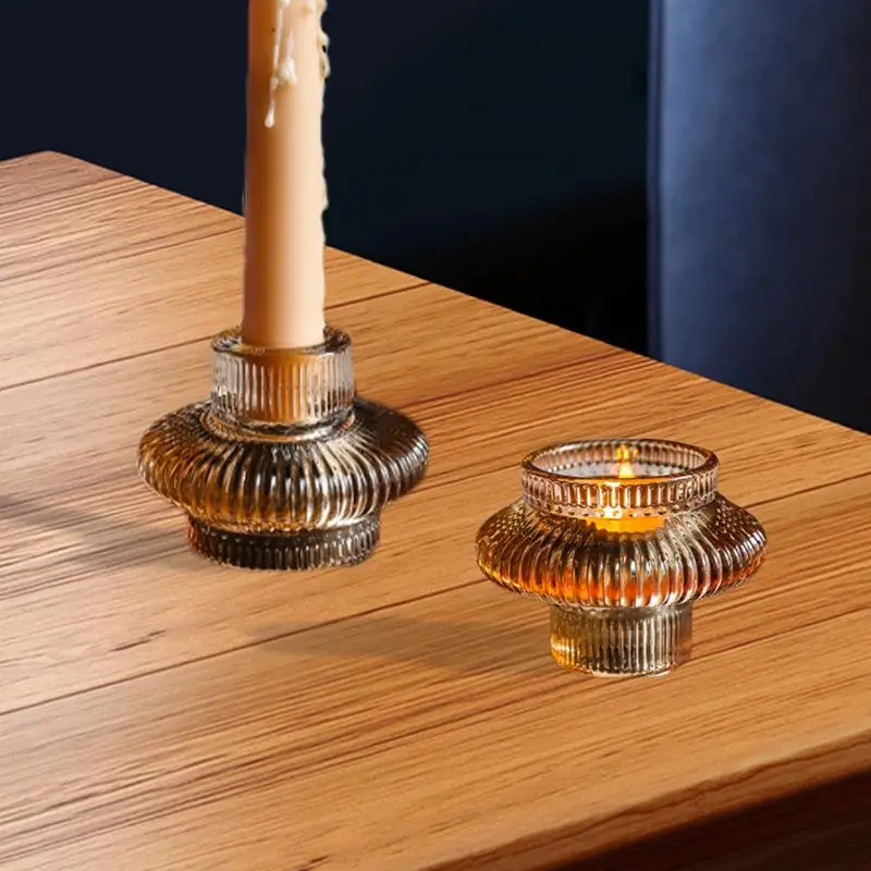 Reversible Glass Candle Holder Ribbed Candle Sticks Holder Decor Romantic Trendy Double Sided Candle Holder For Table - Image 4