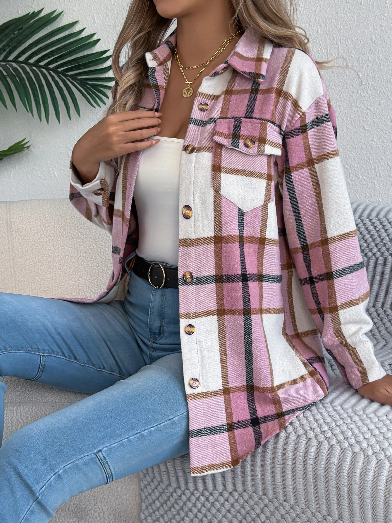 Womens Woolen Plaid Long Sleeved Jacket
