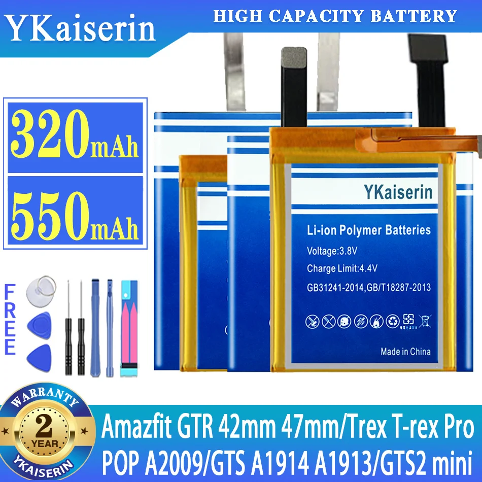 Batteria Ykaiserin Per Huami Amazfit Gtr 42Mm 47Mm Trex T-Rex Pro/Per Huami Pop A2009 Gts A1914 A1913 Gts2 Mini Orologio Batteria