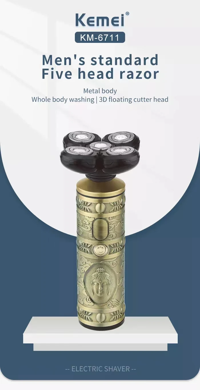Cabeça de Buda Kemei Retro Barbeador Elétrico Máquina Barba Barbear Seco Molhado Aparador Recarregável Lavável 5 Lâminas Presente 1 Online shopping